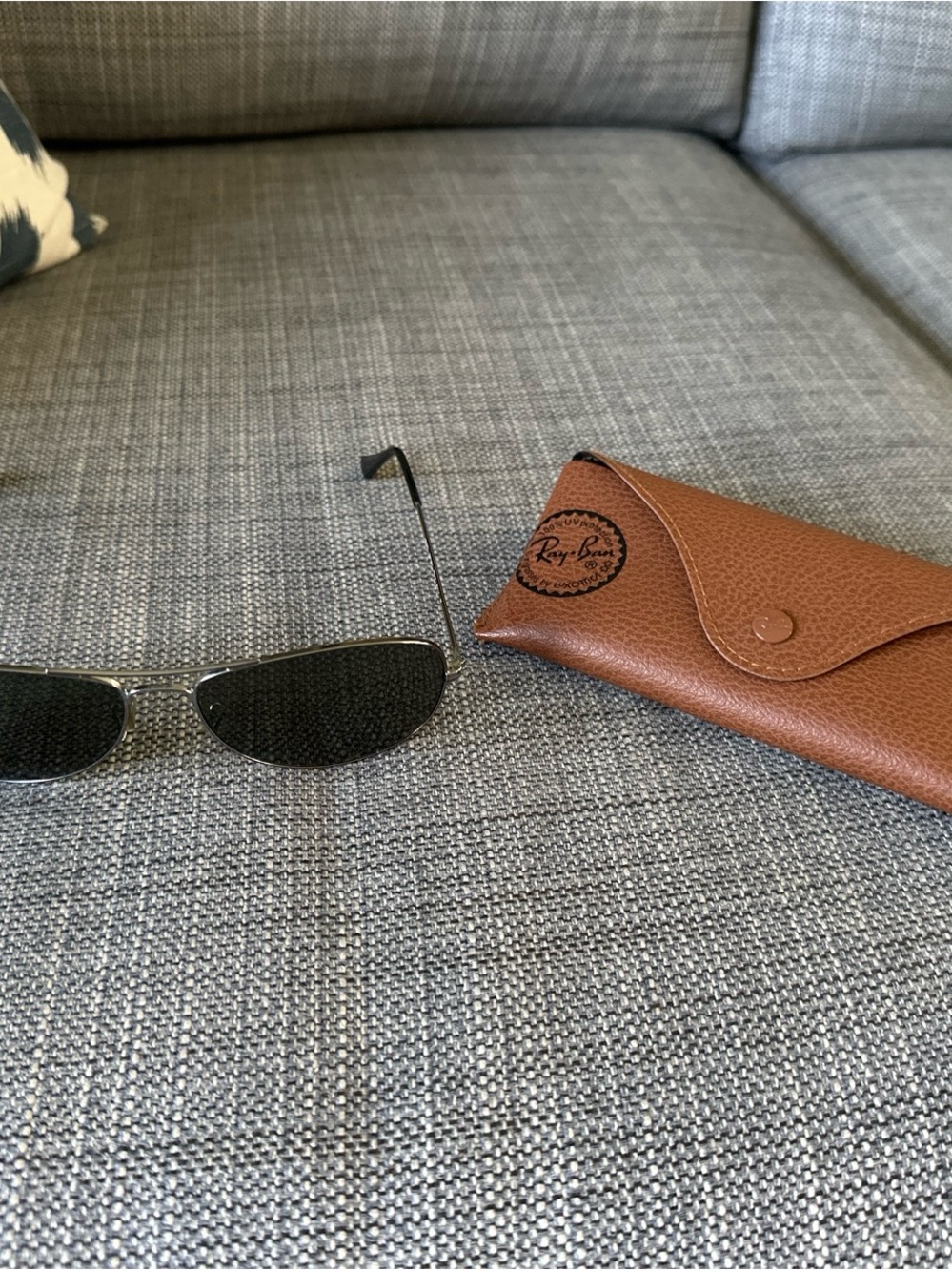 Ray-Ban Silver Frame Sunglasses with Black Lenses and Brown Case
